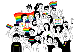 Cartoon of people with Pride flags and a banner that says “Love is love”