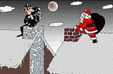 comic of santa and a robber meeting on the roof