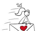 Stick figure Lilly is sitting on a flying envelope with a red heart on it