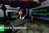 A title at the bottom-left corner saying Nico’s Nextbots. A distorted image of Barak Obama is chasing after a ROBLOX avatar of a blonde girl in an abandoned shopping center. She runs past a poster which says Thank you, Have a day!