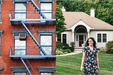 Image of an Brick Apartment Building Next to an Image of a Young woman in Front yard of House