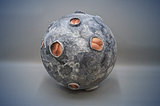 A photo of a papier mache moon with several bare bottoms on it.