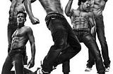 The movie poster for Magic Mike XXL features the five men in the main cast in varying jumping poses, wearing jeans and no shirt.