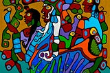Norval Morrisseau, Shaman and Disciples, 1979  Acrylic on canvas  180.5 x 211.5 cm, McMichael Canadian Art Collection