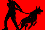 Painting in black and red of a man restraining a dog by its leash