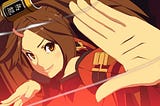 Jam Kuradoberi from Guilty Gear Xrd preparing for her Chokyaku Ho’oushou super move. She has brown hair and wears red & black Chinese-themed clothes.