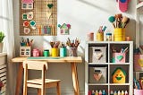 Colorful and vibrant creative corner in an ADHD child’s room filled with art supplies.