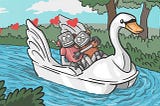 Illustration of two robots hugging each other and sitting in a pedal boat which looks like a swan