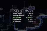 Menú del modo asistencia de celeste. Aquí puedes modificar la velocidad del juego, la estamina infinita, los dashes o la invencibildad.