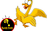 A yellow, cartoon duck looks backwards in surprise to see that is has just laid a shiny egg that looks like the ThinckFinck logo.