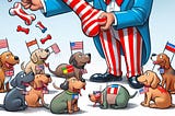 Cartoon image of Uncle Sam tossing bones to puppies sitting around him.