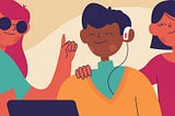 Ilustração vetorial de três pessoas com limitações físicas utilizando o notebook
