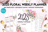 2023 Floral Weekly Planner, Dated 2023 planner Calendar, Canva Editable Templates
