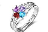 Personalized Sterling Silver Ring for Women - Personalized 4 Birthstones and 4 Name Engraving Ring for Mother