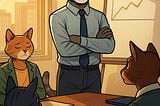 Semi-realistic illustration of an anthropomorphic gray tabby cat standing confidently at the head of a conference table, leading a meeting. The cat wears a light shirt and tie, with arms crossed, while three other cats sit and take notes. A whiteboard with an upward-trending graph and warm sunlight complete the professional office setting.