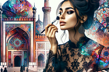 One  woman with a updo hairstyle and wearing a lace dress is applying makeup tastefully on a street and a traditional mosque known for its colorful stained glass like Nasir al-Mulk Mosque in the background , rendered with abstract forms and a collage of different perspectives