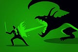 Clip art of a man in a suit holding a sword and shield fighting a fire-breathing dragon