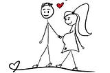 Two stick figures, a man and a woman, they’re pregnant and holding hands.