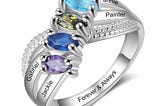 Personalized Solid Family Ring with 4 Birthstones, Custom 4 Name and 1 Inner Engraving