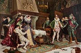 Fantastically melodramatic 19th century painting of the murder of Rizzio by G Gordon, whoever that is. Shows lots of people standing around in Jacobean-era clothes, looking shocked, angry or fearful. One man, presumably Darnley is wearing very fancy clothes and brandishing a sword. Another, presumably Rizzio, is cowering behind a woman, who must be Mary