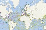 a map image showing transponder data from sea vessels