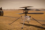 In this artist’s concept, NASA’s Ingenuity Mars Helicopter stands on the Red Planet’s surface as NASA’s Mars 2020 Perseverance rover (partially visible on the left) rolls away.