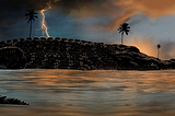 Cover art for ‘You Like It Darker’ by Stephen King. The art depicts what at fist seems to be an island dotted with palm trees beneath storm clouds, but on closer inspection is actually a massive alligator.