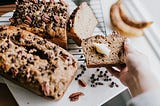 Freshly baked banana bread with pecan nuts and chocolate chips