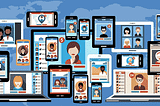 A graphic depicting many people interacting using digital communications methods.