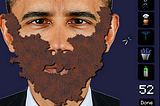 a photo of barack obama with a fake beard overlaid on top. along the right side of the image are various shaving and grooming implements to choose from, as well as a progress meter that says “52 done”.