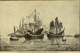 Engraving shows boats coming into harbor, reading THE ARRIVAL OF GOVERNOR WINTHROPS FLEET IN BOSTON HARBOR, 1630