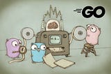 Ilustração de três mascotes do Go trabalhando