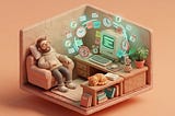 Claymorphic illustration of a man sleeping in an armchair while his computer processes tasks autonomously