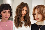 To the left: a textured shorter cut with wispy band; Middle: long, textured layers, Right: an easy to style bob; all in natural hair colors