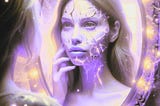 A beautiful woman struggling with her mental health looks in a cracked mirror searching for the inner child who loved herself.