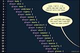 Cartoon showing CSS code with many nested at-layers. Off-panel someone complains that it may be cold but the code doesn’t need so many layers