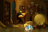 A screenshot. In the Wizard’s study, a room full of books and alchemical equipment, the Wizard is in the background, bent over his desk writing. In the foreground, Tsioque peeks from the bottom of the screen, staring at the Wizard’s crystal ball.