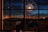 A nighttime city skyline seen through a window as fireworks burst in the sky, creating a reflective and optimistic New Year atmosphere.
