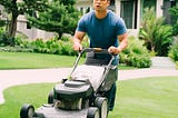 Asian male in his 30s, semi-fit build, mowing the grass in his lawn in front of his big ideal house in the summer. looks tired and depressed.