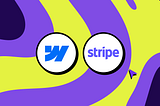 Webflow and Stripe logos side by side on a purple and lime green swirl background with a cursor arrow, illustrating Webflow Stripe integration.