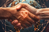 A creative depiction of two hands reaching out to each other from different sides of the globe, clasping in handshake that forms a heart in the middle, conveying the idea of building strong, heartfelt connections through quality multilingual support, regardless of geographical and linguistic barriers.