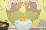 Anime film still of a character cracking an egg over a bowl of rice. They are wearing yellow.