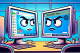 Two computer monitors on a desk, each displaying a facial expression of annoyance or frustration. The monitor on the left displays a start menu with the label “Microsoft 365 Copilot”, while the monitor on the right has a browser window open with tabs, one of which is labeled “ChatGPT Plus” and features the OpenAI logo. The setting suggests an office environment, and the background reveals a blue tiled wall, implying an indoor setting without any visible Windows.