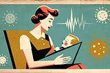A retro‑styled illustration of an adult cradling a swaddled baby against a teal background filled with stylized virus icons and a white heartbeat line, blending themes of caregiving and public‑health awareness.