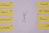 Stickfigure confused how to manage so many roles in life.