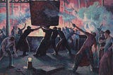 Men heave as sillhouettes in a steaming smoking red hot iron foundry. Smoke steams and billows around them as they strain to move something to the next stage.