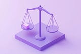 A stylized purple 3D balance scale with a pink cube on the left side, tilting the scale downward.