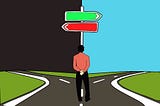 CoCreation Station, Discover your calling, A man in front of a crossroad, he needs to choose one way to go.