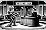 A black and white illustration of a late-night talk show setting, titled ‘The ChatGPT Show.’ A classic, boxy robot with visible joints and a round head featuring antenna and eyes, is depicted as the guest. It’s gesturing with its hands as if in conversation. The host, a man in a suit with neat hair and a professional demeanor, sits across from the robot at a curved desk. Microphones and notes are on the desk, with an urban skyline visible through the window in the background.