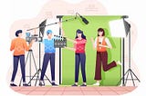 Video Outcomes animated 2d graphic showing video production team filming in front of green screen